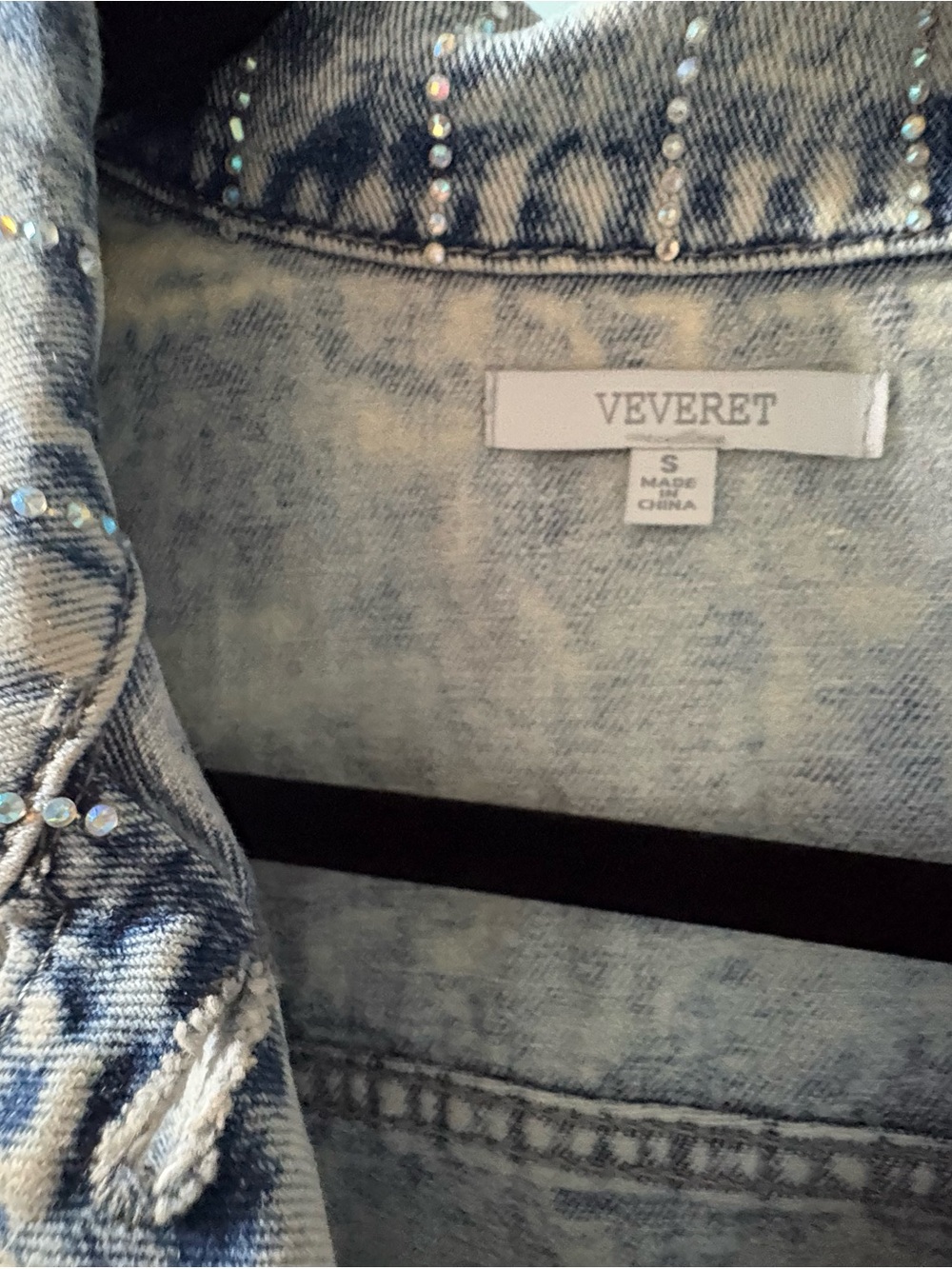 VEVERET Light Blue Acid-Wash Denim Jacket with Rhinestone Trim